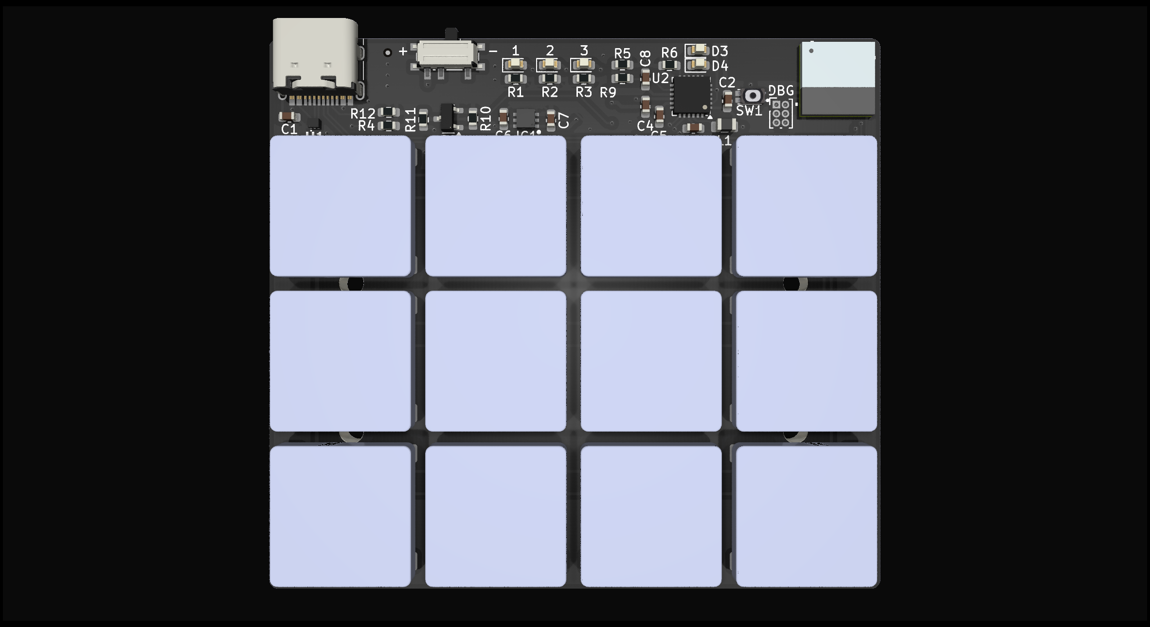 Pipar Chip 12-key PCB render, top view